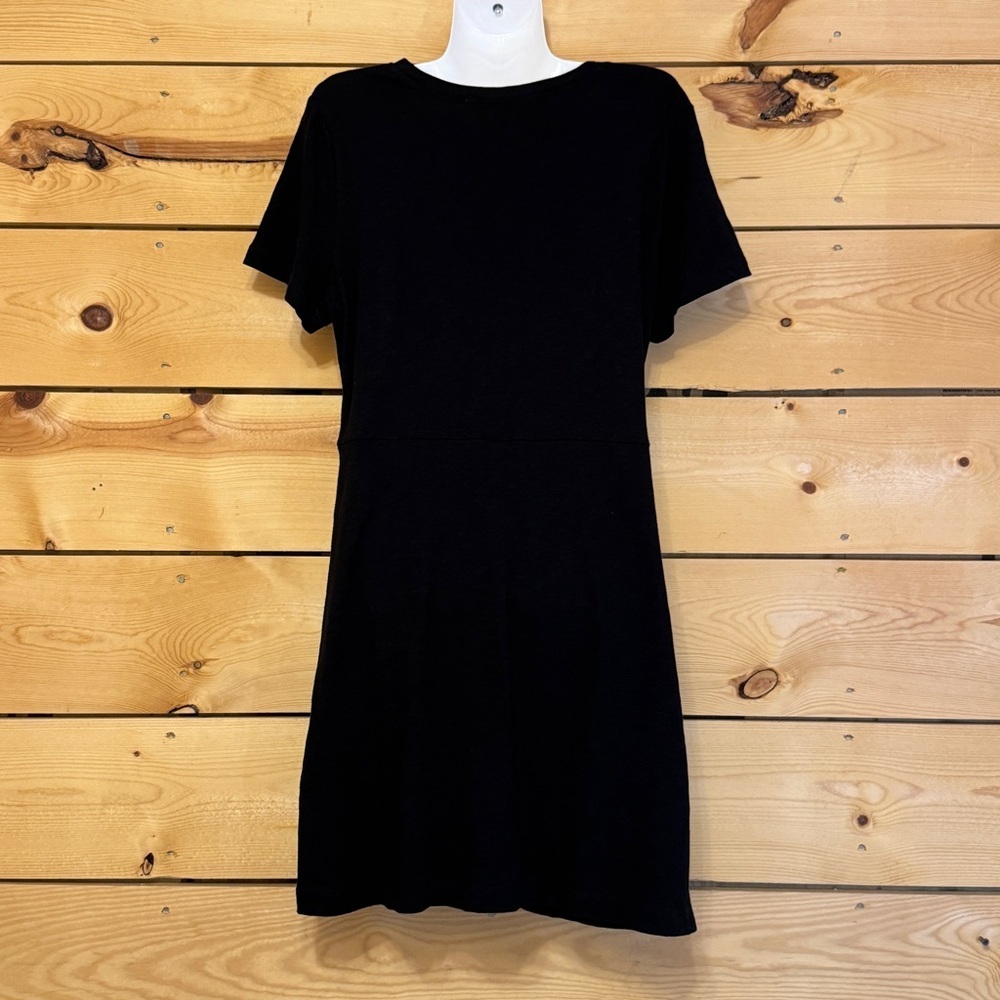 Loft Women Black Short Sleeve Faux Wrap Midi Dress Size L Cotton - Picture 7 of 8